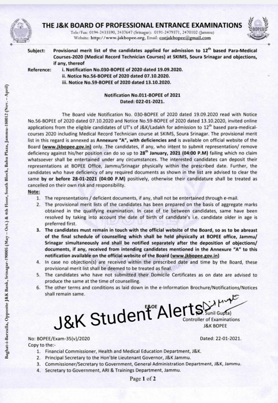 1611343325 91 JK BoPEE Provisional Merit List of candidates applied for