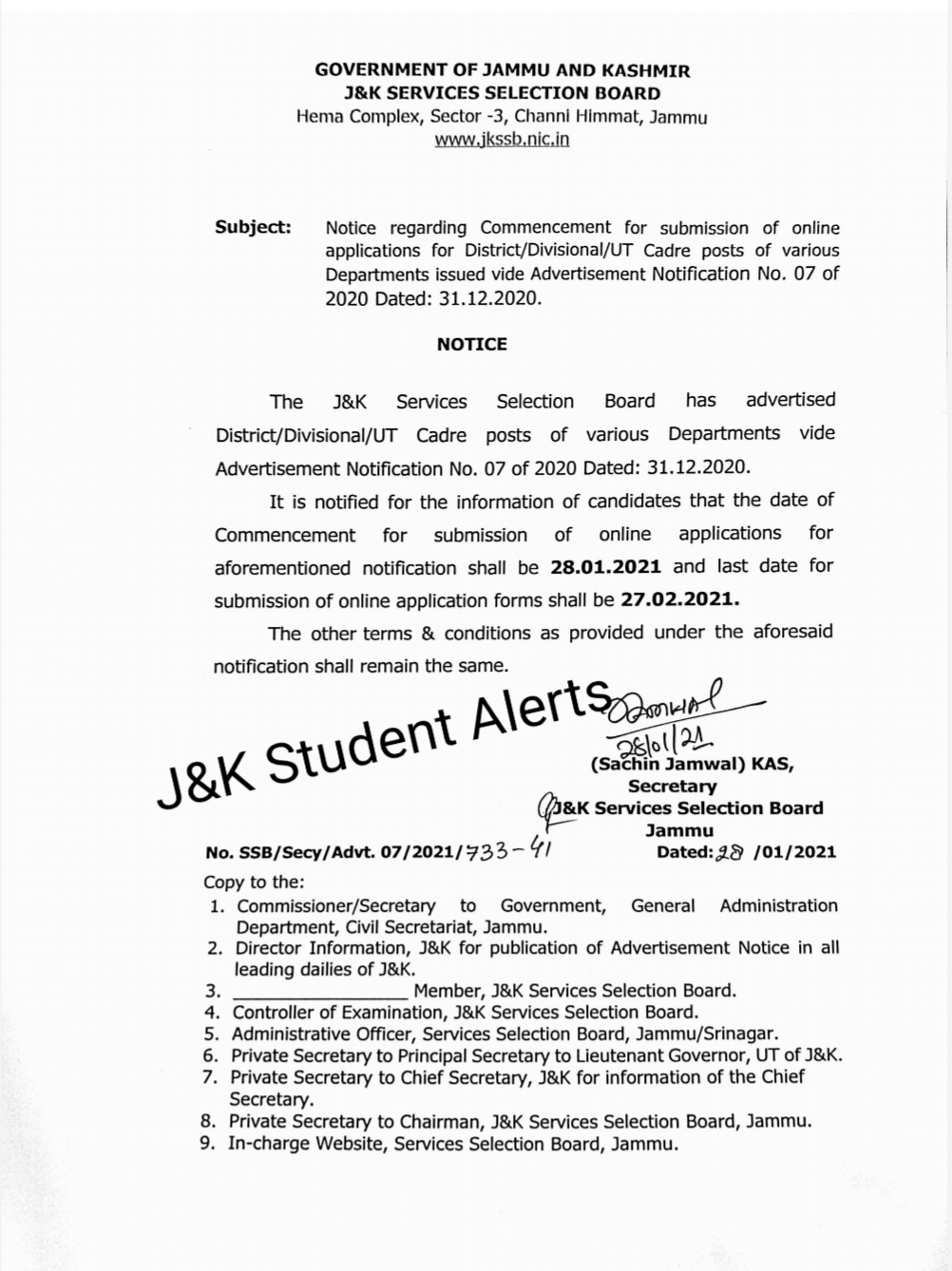 1611847329 556 JKSSB Notice regarding commencement for submission of online applications for