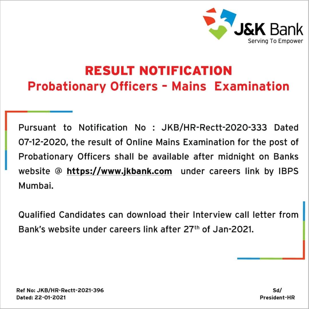 JKBANK PO Online Mains Examination Result Will be Declare after