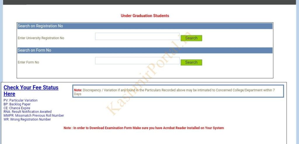 Kashmir University Admit Card for 5th Semester