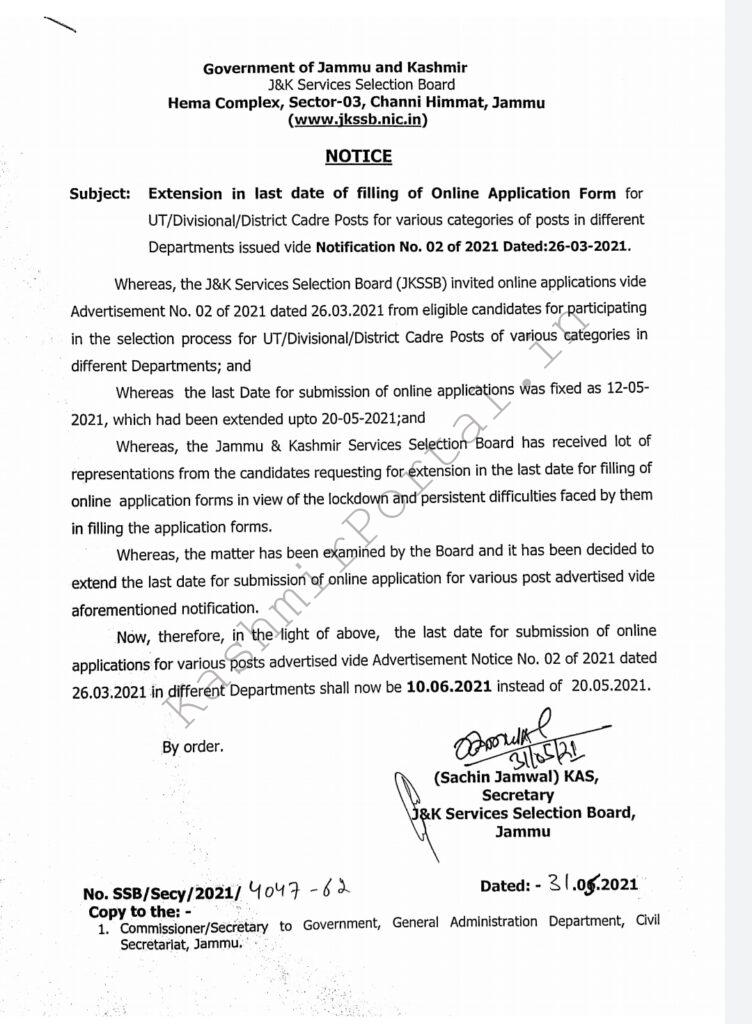 JKSSB Last Date extended for Notification No 2 of 2021 IMG 20210531 215035