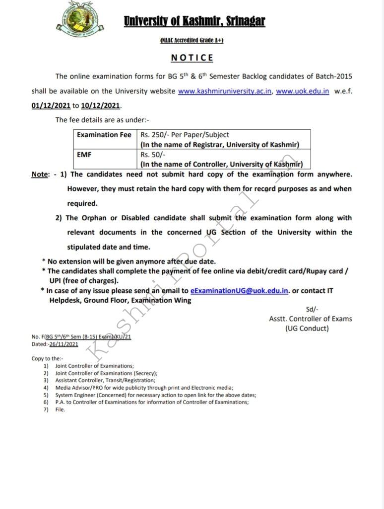 KU Exam Notification for BG 5th 6th Sem